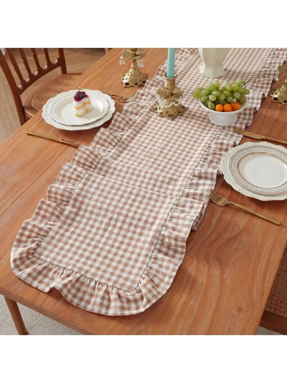 Brown Plaid Gingham Ruffle Table Runner 118x13.8'' - Farmhouse Rustic Decor